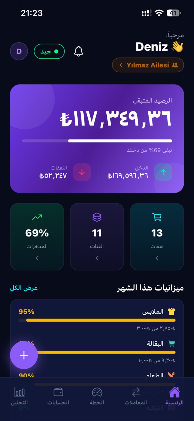 الشاشة الرئيسية لتطبيق ADES Budget: الرصيد المتبقي والدخل والمصروفات وميزانيات الشهر