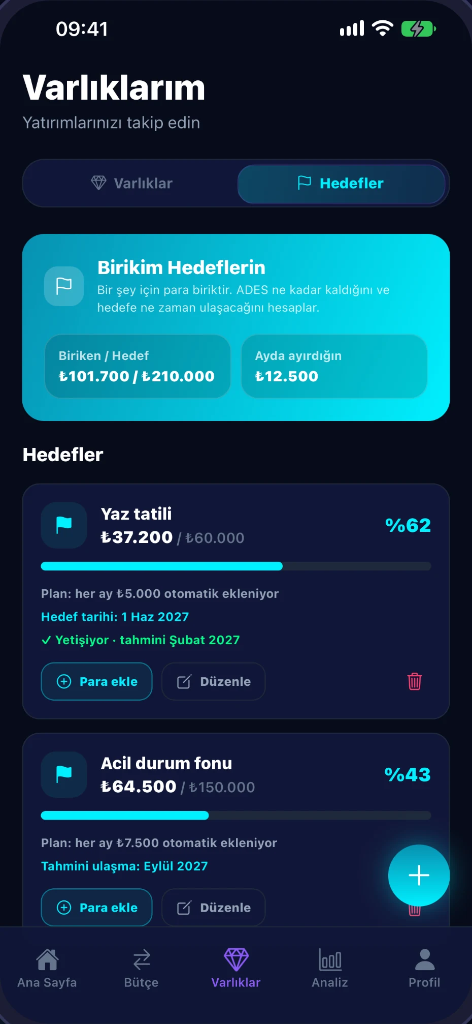 ADES Budget birikim hedefleri arayüzü