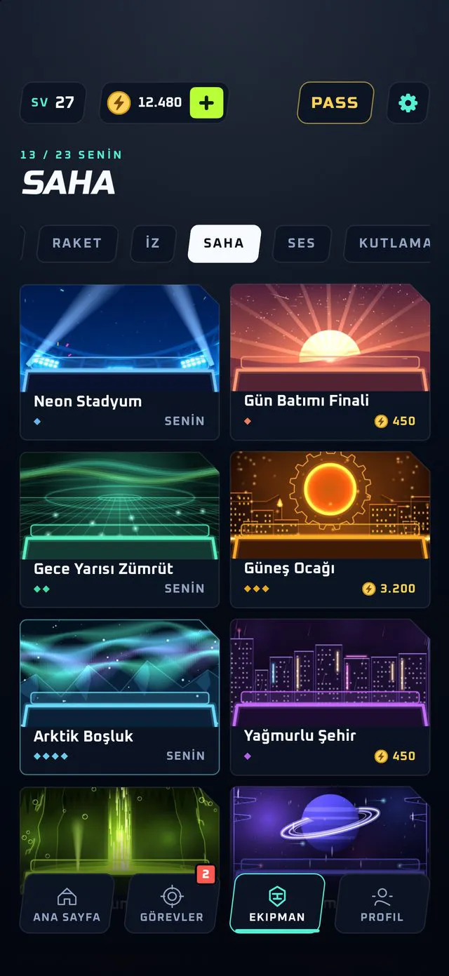 Rally Pulse ekipman seçme ekranı