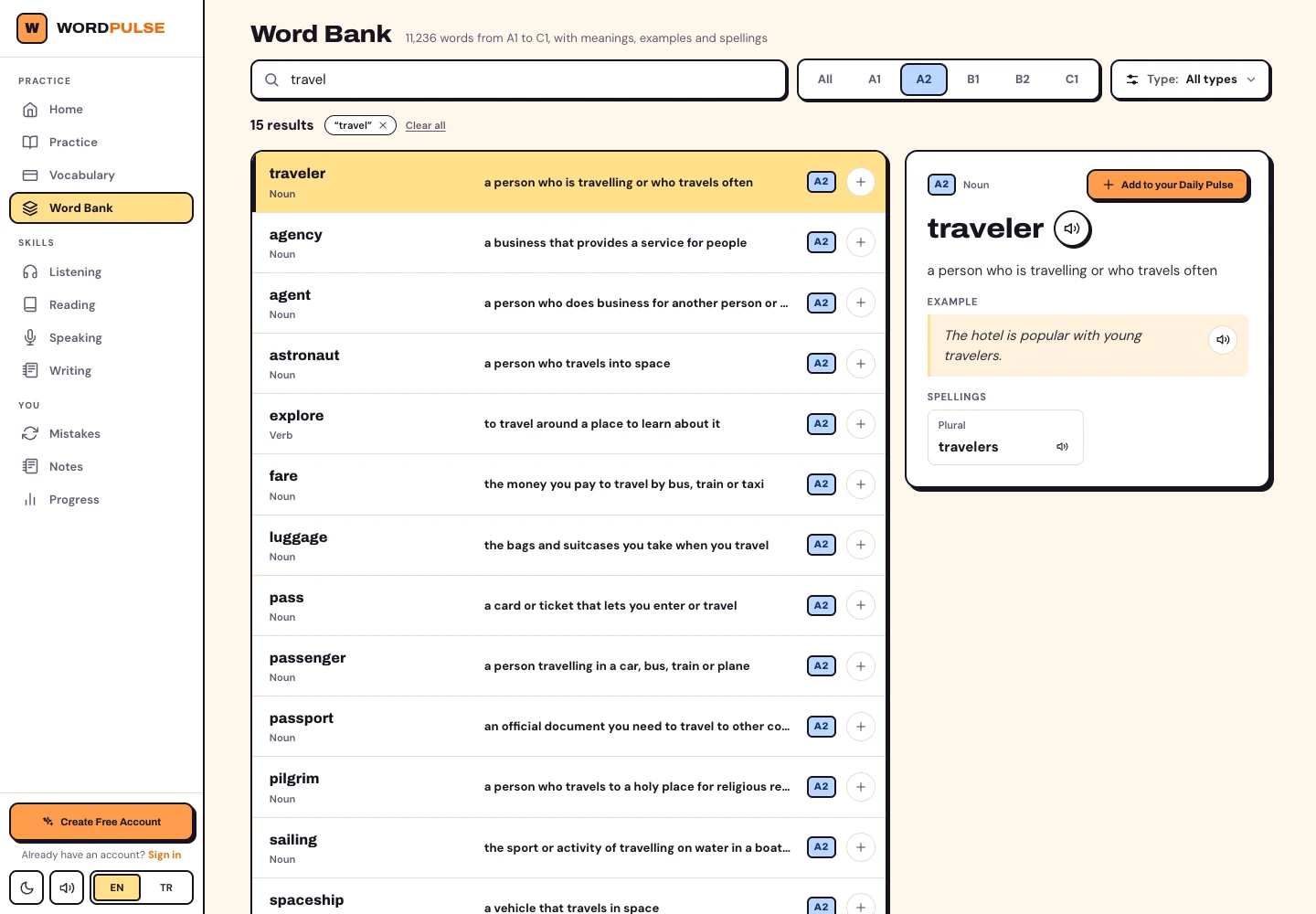 WordPulse A2 kelime bankası, travel arama sonuçları